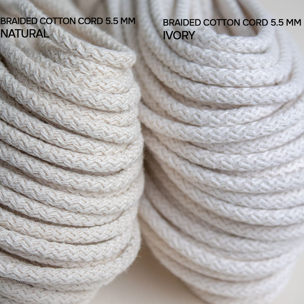 Braided Cotton Cord 5.5 mm, 50 meters NATURAL (Ecru White) color